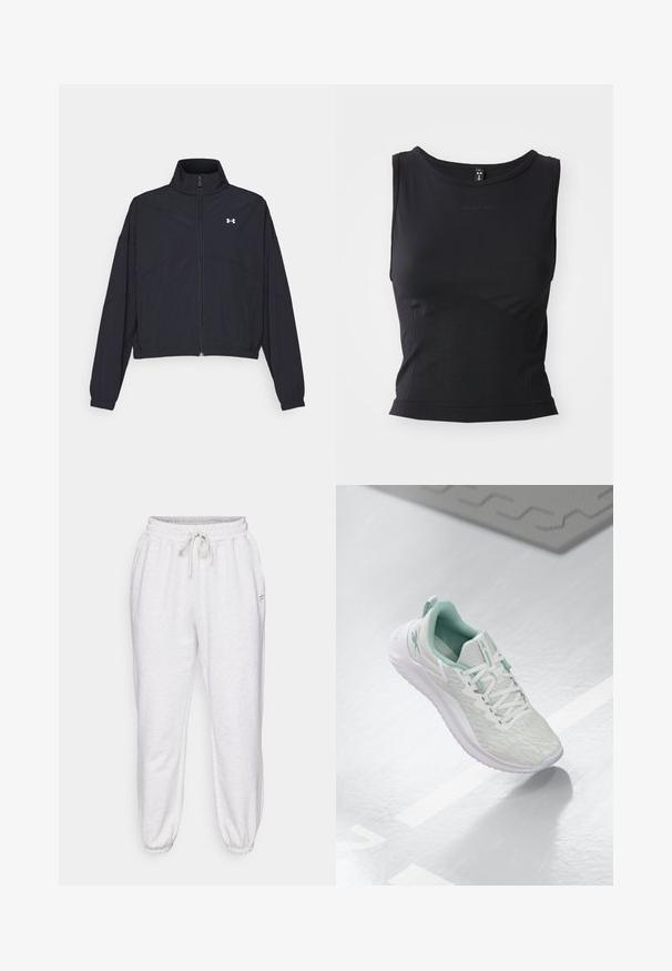 Sort zip-jakke med høj krave, elastiske manchetter og kant. Har en glat tekstur og et lille hvidt logo på brystet.; Sort ærmeløs træningstop lavet af glat stof, med en rund halsudskæring og en tætsiddende silhuet med diskret logo-detalje.; Lysegrå joggingbukser lavet af blødt stof, med elastisk linning, snøre og tapered manchetter, samt sidelommer.; Lys grå sportsko med en struktureret strikket overdel, mintgrønne accenter, hvide snørebånd, gummisål og en løkke ved hælen.