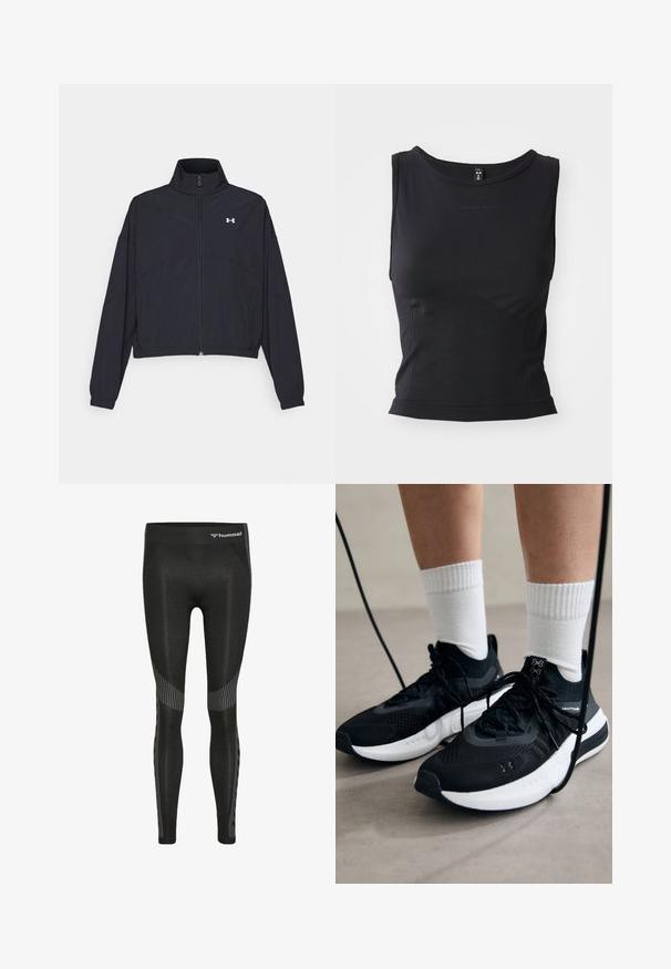 Chaqueta negra con cremallera y cuello alto, con puños y dobladillo elásticos. Presenta una textura suave y un pequeño logo blanco en el pecho.; Camiseta sin mangas negra deportiva, fabricada con tejido suave, que presenta un escote redondeado y una silueta ajustada con un sutil detalle de logo.; Leggings atléticos negros con cintura alta, tejido texturizado y patrones a rayas a lo largo de los costados para un detalle adicional.; Zapatillas deportivas negras con tela texturizada, suela blanca y cordones negros. Llevadas con calcetines blancos de canalé, de pie sobre una superficie clara.