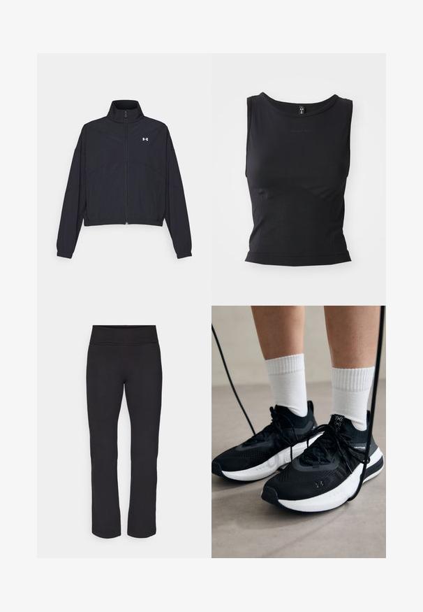 Black zip-up jacket with a high collar, elastic cuffs, and hem. Features a smooth texture and a small white logo on the chest.; Black sleeveless athletic top made from smooth fabric, featuring a rounded neckline and a fitted silhouette with subtle logo detailing.; Black leggings with a smooth, stretchy fabric and a wide waistband. They have straight, full-length legs and no visible patterns or accents.; Black athletic shoes with textured fabric, white sole, and black laces. Worn with white ribbed socks, standing on a light surface.