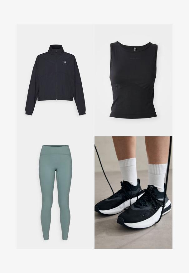 Černá zipová bunda s vysokým límcem, elastickými manžetami a lemem. Má hladkou texturu a malé bílé logo na hrudi.; Černý bezrukávový sportovní top vyrobený z hladkého materiálu, s kulatým výstřihem a přiléhavým siluetou s jemným logem.; Vysoké legíny v tlumené teal barvě, vyrobené z hladkého a elastického materiálu s jemným prošíváním. Střih je přiléhavý po celé délce.; Černé sportovní boty s texturovanou tkaninou, bílou podrážkou a černými tkaničkami. Nosené s bílými žebrovanými ponožkami, stojící na světlém povrchu.