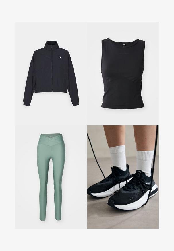 Veste noire zippée avec un col montant, des poignets et un ourlet élastiques. Presentant une texture lisse et un petit logo blanc sur la poitrine.; Haut sportif sans manches noir fabriqué à partir d'un tissu lisse, présentant un col rond et une silhouette ajustée avec un discret logo.; Leggings verts taille haute avec une ceinture croisée, en matière extensible, avec une texture lisse et un design ajusté.; Chaussures de sport noires en tissu texturé, avec une semelle blanche et des lacets noirs. Portées avec des chaussettes blanches côtelées, debout sur une surface claire.