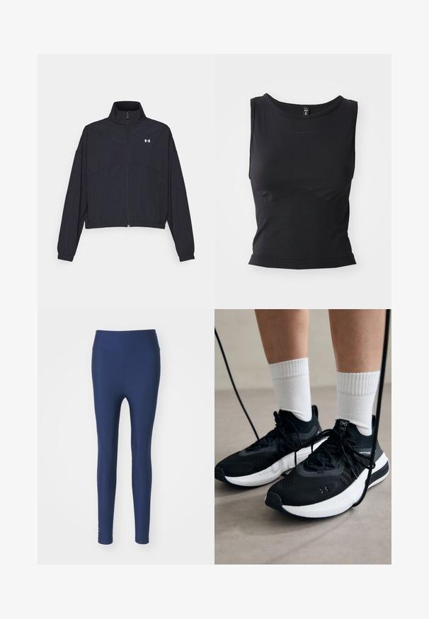 Black zip-up jacket with a high collar, elastic cuffs, and hem. Features a smooth texture and a small white logo on the chest.; Black sleeveless athletic top made from smooth fabric, featuring a rounded neckline and a fitted silhouette with subtle logo detailing.; Navy blue leggings made of stretchy fabric with a high waistband and smooth texture. Features a small logo detail near the ankle.; Black athletic shoes with textured fabric, white sole, and black laces. Worn with white ribbed socks, standing on a light surface.