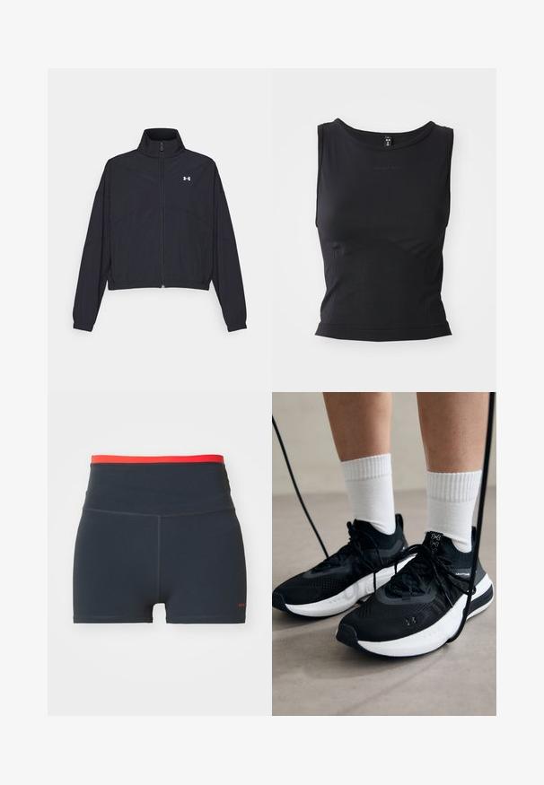 Fekete cipzáras dzseki magas gallérral, elasztikus mandzsettákkal és aljjal. Simaság jellemzi, és egy apró fehér logó található a mellkasán.; Fekete ujjatlan sporttop, sima anyagból készült, kerek nyakkivágással és testhezálló fazonnal, finom logóval díszítve.; Sötétkék sportnadrág magas derékkal, kontrasztos piros felső pánttal és látható varrási részletekkel.; Fekete sportcipők textúrált anyagból, fehér talppal és fekete fűzőkkel. Fehér bordázott zoknikkal viselve, világos felületen állva.