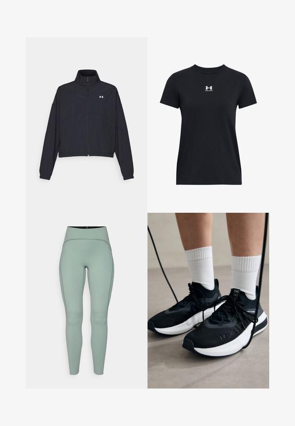 Musta vetoketjullinen takki korkealla kauluksessa, joustavat hihat ja helma. Ominaisuuksiin kuuluu sileä rakenne ja pieni valkoinen logo rinnassa.; Lyhythihainen musta t-paita, joka on valmistettu puuvillasta. Varustettu pyöreällä kaula-aukolle ja rinnassa valkoisella Under Armour -logolla. Yksinkertainen, yhtenäinen muotoilu.; Legging hijau mint dengan pinggang tinggi terbuat dari kain halus dan elastis dengan jahitan kontras. Menampilkan siluet yang ramping dan pas badan.; Mustat urheilukengät, joissa on teksturoitua kangasta, valkoiset pohjat ja mustat nauhat. Yhdistetty valkoisten urheilusukkien kanssa, seisten vaalealla pinnalla.