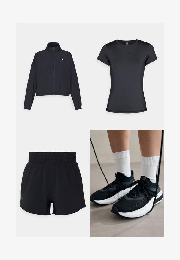 Juodas užtrauktuku užsegamas džemperis su aukštu apykaklės kraštu, elastingomis rankogaliais ir apačia. Pasižymi lygiu tekstūru ir mažuoju baltu logotipu ant krūtinės.; Juodas trumpomis rankovėmis marškinėliai, pagaminti iš lygaus, kvėpuojančio audinio, su minimalistiniu logotipu priekyje. Klasikinis apvalus kaklo iškirpimas.; Juodi sportiniai šortai su elastinga juosmeniu, pagaminti iš lengvos medžiagos, su šoninėmis kišenėmis ir mažuoju logotipu kairėje pusėje.; Juodi sportiniai batai su tekstūruotu audiniu, balta padu ir juodais raiščiais. Dėvimi su baltais raištiniais kojiniais, stovint lengvame paviršiuje.