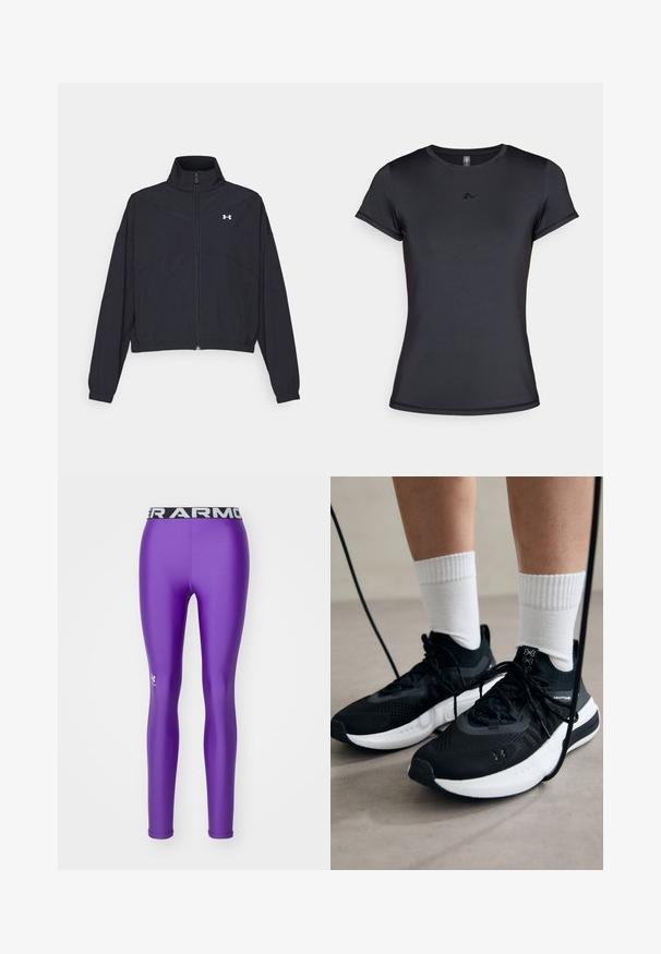 Chaqueta negra con cremallera y cuello alto, con puños y dobladillo elásticos. Presenta una textura suave y un pequeño logo blanco en el pecho.; Camiseta negra de manga corta hecha de un tejido suave y transpirable que presenta un diseño de logo minimalista en el frontal. Cuello redondo clásico.; Under Armour HEATGEAR - Leggings - lavish/white; Zapatillas deportivas negras con tela texturizada, suela blanca y cordones negros. Llevadas con calcetines blancos de canalé, de pie sobre una superficie clara.