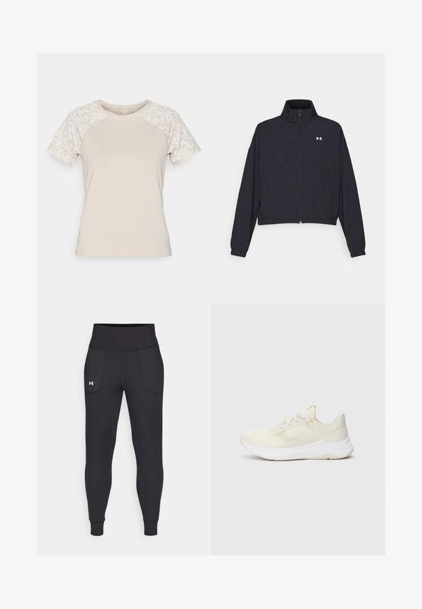 Chaqueta negra con cremallera y cuello alto, con puños y dobladillo elásticos. Presenta una textura suave y un pequeño logo blanco en el pecho.; Camiseta beige de manga corta; cuerpo texturizado y mangas con estampado floral. Cuello redondo; tela suave. Adecuada para uso casual.; Leggings deportivos negros hechos de material elástico, con una cintura alta, bolsillos laterales y puños ajustados en el tobillo.; Zapatillas deportivas de color claro, hechas de malla y materiales sintéticos, con una parte superior texturizada, suela acolchada y un branding sutil.