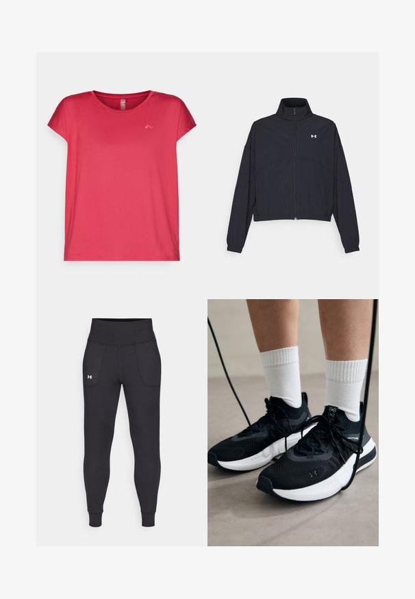 Črna jakna na zadrgo z visokim ovratnikom, elastičnimi manšetami in robom. Ima gladko teksturo in majhen bel logotip na prsih.; Rdeča majica s kratkimi rokavi iz gladkega, lahkega materiala. Ima okroglo ovratnico in majhen logotip na sprednji levi strani.; Črne atletske legice iz raztegljivega materiala, ki imajo visok pas, stranske žepke in tesne manšete pri gležnjih.; Črne športne čevlje z strukturirano tkanino, belo podplatom in črnimi vezalkami. Nosi se z belimi rebrastimi nogavicami, stoje na svetli površini.