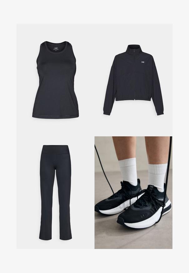 Black zip-up jacket with a high collar, elastic cuffs, and hem. Features a smooth texture and a small white logo on the chest.; Black athletic tank top with a fitted design, sleeveless cut, round neckline, and soft, smooth texture. Features subtle stitching details.; Black athletic pants with a high waistband. Made of smooth, stretchy fabric with a flared leg design and minimal stitching details.; Black athletic shoes with textured fabric, white sole, and black laces. Worn with white ribbed socks, standing on a light surface.