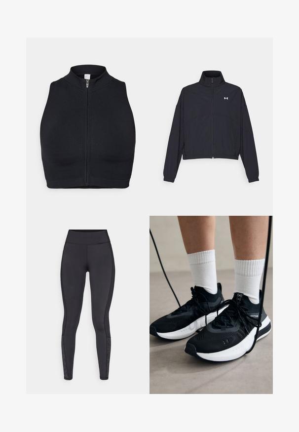 Schwarze Jacke mit Reißverschluss und hohem Kragen, elastischen Bündchen und Saum. Sie hat eine glatte Textur und ein kleines weißes Logo auf der Brust.; Schwarzes Sport-Crop-Top mit hohem Kragen und Frontreißverschluss. Hergestellt aus dehnbarem Stoff mit glatter Textur und minimalen Nähten.; Schwarze Leggings aus dehnbarem Material. Hoher Bund, glatte Textur, mit gemusterten Akzenten am Unterschenkel.; Schwarze Sportschuhe aus strukturiertem Stoff, mit weißer Sohle und schwarzen Schnürsenkeln. Tragen mit weißen gerippten Socken, stehen auf einer hellen Fläche.