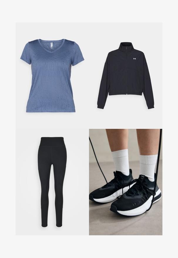 Black zip-up jacket with a high collar, elastic cuffs, and hem. Features a smooth texture and a small white logo on the chest.; Blue V-neck t-shirt made of smooth, textured fabric with short sleeves and a subtle pattern. Features a straight hem and lightweight design.; Black leggings made of stretchy fabric, featuring a high waistband, ribbed panels on the sides, and a fitted design tapering at the ankles.; Black athletic shoes with textured fabric, white sole, and black laces. Worn with white ribbed socks, standing on a light surface.