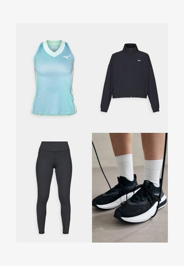 Jachetă neagră cu fermoar, cu guler înalt, manșete elastice și tiv. Prezintă o textură netedă și un mic logo alb pe piept.; Tricou cu bretele în degrade de aqua, confecționat dintr-un material neted, având un decolteu în v și o margine albă în contrast, precum și un logo mic pe piept.; Colanți negri fabricați dintr-un material elastic, având o talie înaltă, un design elegant și detalii stripate accentuate aproape de gleznă.; Căști atletice negre cu țesătură texturată, talpă albă și șireturi negre. Purtați cu șosete albe cu riflaje, stând pe o suprafață deschisă.