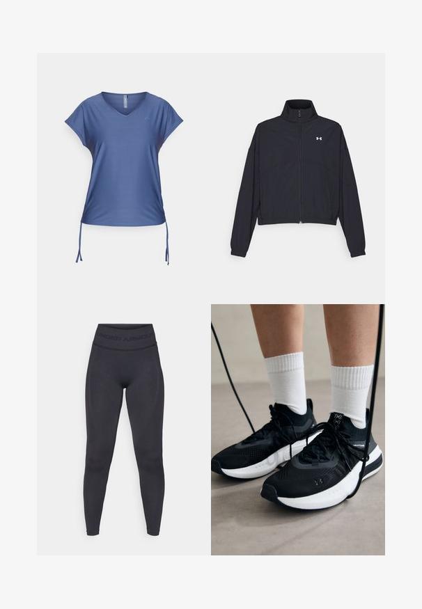 Črna jakna na zadrgo z visokim ovratnikom, elastičnimi manšetami in robom. Ima gladko teksturo in majhen bel logotip na prsih.; ONLY Play ONPAUB SMILA BAT LOOSE TOP - Športne majice - vintage indigo; Črne legice z visokim elastičnim pasom, na katerem je napis "UNDER ARMOUR". Gladka tekstura z diskretnimi vzorčnimi akcenti ob nogah.; Črne športne čevlje z strukturirano tkanino, belo podplatom in črnimi vezalkami. Nosi se z belimi rebrastimi nogavicami, stoje na svetli površini.