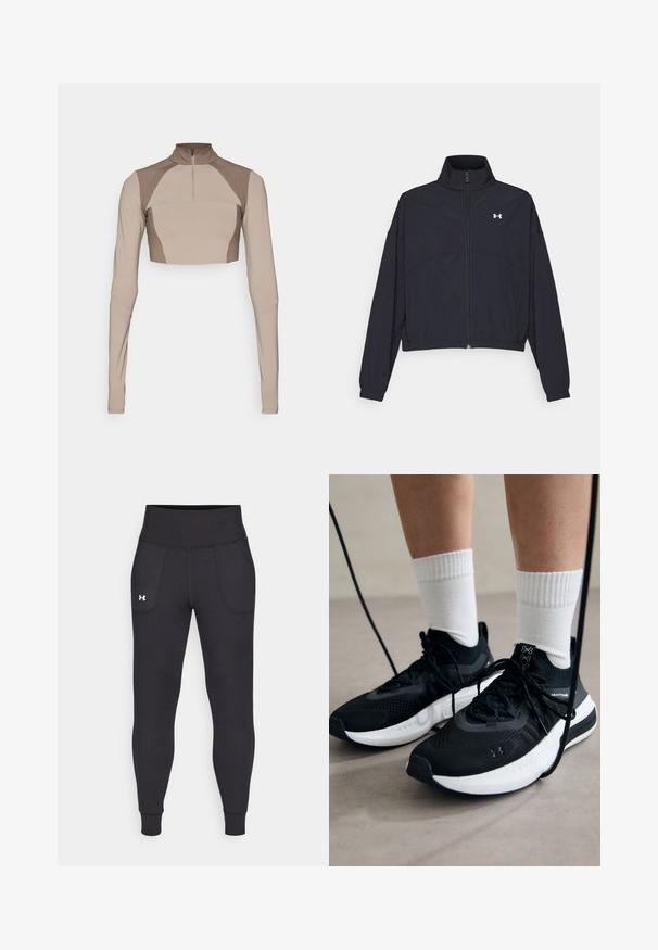 Crna jakna na zatvaranje s visokom ovratnikom, elastičnim manžetama i rubom. Ima glatku teksturu i mali bijeli logo na prsima.; Bež kratki dugih rukava top s visokim ovratnikom, četvrtim zatvaračem i teksturiranim detaljima na ramenima. Izrađen od rastezljivog, glatkog materijala.; Crne sportske tajice napravljene od rastezljivog materijala, sa visokim pojasom, bočnim džepovima i uskim manžetama na gležnjevima.; Crne atletske cipele s teksturiranim materijalom, bijelim potplatima i crnim vezicama. Nosene s bijelim rebrastim čarapama, stojeći na svijetloj površini.