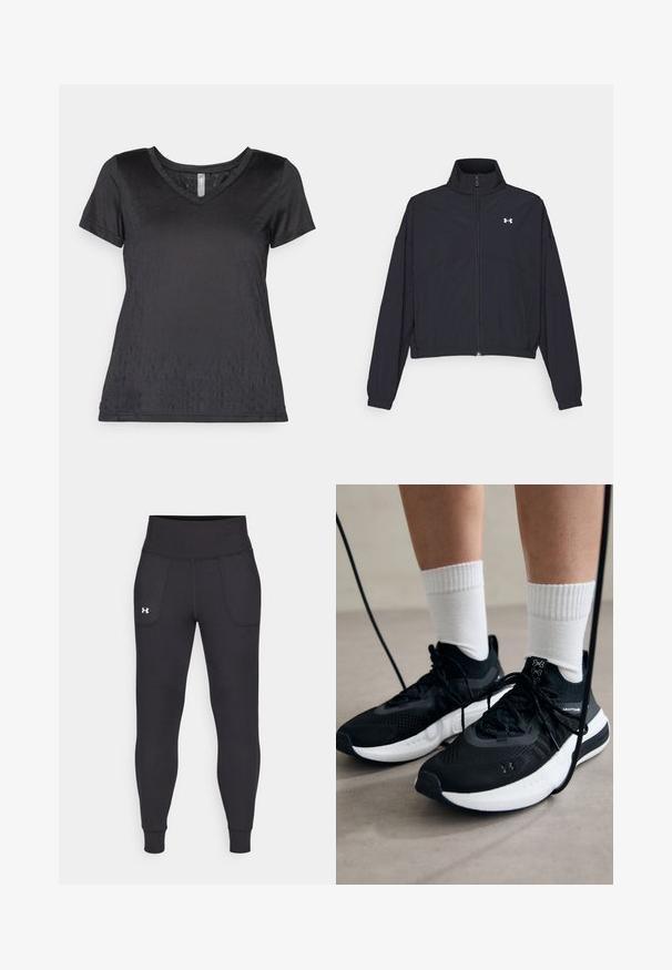 Crna jakna na zatvaranje s visokom ovratnikom, elastičnim manžetama i rubom. Ima glatku teksturu i mali bijeli logo na prsima.; Crna majica s kratkim rukavima i V-izrezom, napravljena od glatkog materijala s suptilnim uzorkom i opuštenim krojem. Bezšavne ivice i minimalistički dizajn.; Crne sportske tajice napravljene od rastezljivog materijala, sa visokim pojasom, bočnim džepovima i uskim manžetama na gležnjevima.; Crne atletske cipele s teksturiranim materijalom, bijelim potplatima i crnim vezicama. Nosene s bijelim rebrastim čarapama, stojeći na svijetloj površini.