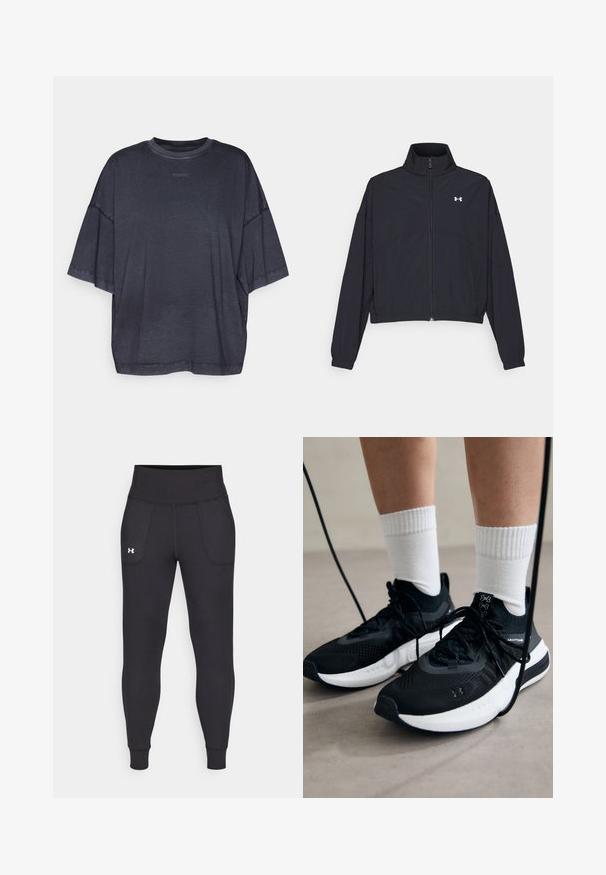 Musta vetoketjullinen takki korkealla kauluksessa, joustavat hihat ja helma. Ominaisuuksiin kuuluu sileä rakenne ja pieni valkoinen logo rinnassa.; Yhdeksän koon tumma harmaa t-paita, joka on valmistettu pehmeästä kankaasta. Siinä on pyöreä kaula-aukko ja laskettu olkalinja rentoa istuvuutta varten.; Mustat urheiluhousut, jotka on valmistettu venyvästä materiaalista. Niissä on korkea vyötärö, sivutaskut ja tiukat lahkeensuuthteet.; Mustat urheilukengät, joissa on teksturoitua kangasta, valkoiset pohjat ja mustat nauhat. Yhdistetty valkoisten urheilusukkien kanssa, seisten vaalealla pinnalla.