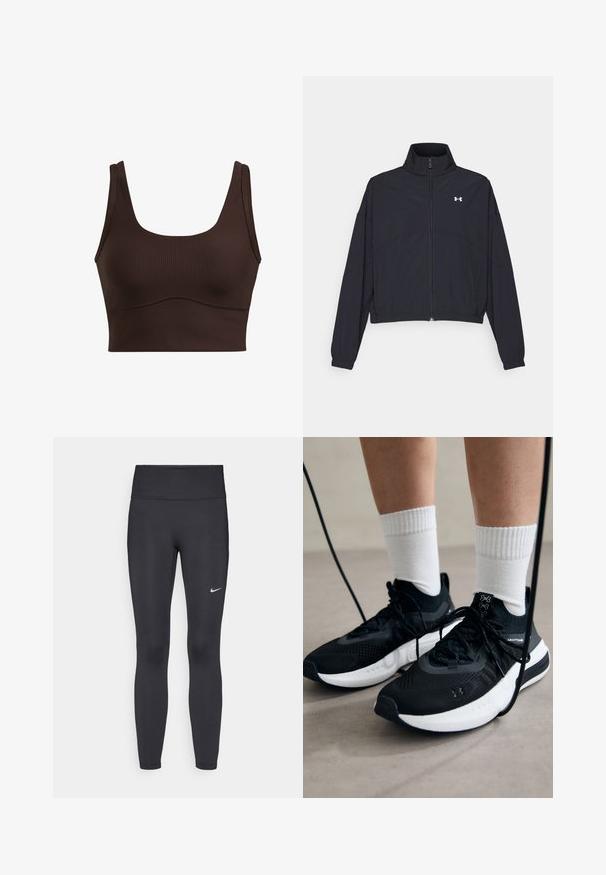 Giacca nera con zip e colletto alto, polsini e orlo elastici. Presenta una texture liscia e un piccolo logo bianco sul petto.; Top corto marrone a coste con spalline larghe, scollatura quadrata e cuciture senza soluzione di continuità lungo il bordo della vita, caratterizzato da una texture liscia.; Leggings neri realizzati in tessuto elasticizzato, con una vita alta e un logo Nike bianco sulla coscia sinistra. Tessuto liscio, design aderente.; Scarpe sportive nere con tessuto testurizzato, suola bianca e lacci neri. Indossate con calzini bianchi a costine, in piedi su una superficie chiara.