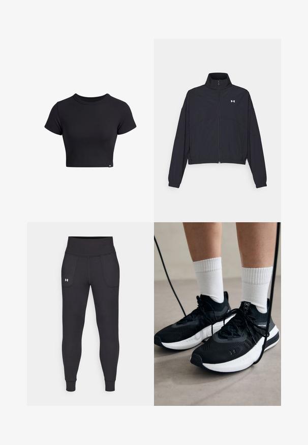 Sort zip-jakke med høj krave, elastiske manchetter og kant. Har en glat tekstur og et lille hvidt logo på brystet.; Sort ribbet kortærmet crop top med rund halsudskæring. Har en tætsiddende pasform og et lille logo mærke i nederste venstre hjørne.; Sorte atletiske leggings lavet af strækbart materiale, med høj talje, sidelommer og tætsiddende manchetter ved anklerne.; Sorte sportssko med tekstureret stof, hvid sål og sorte snørebånd. Båret med hvide ribbede sokker, stående på en lys overflade.