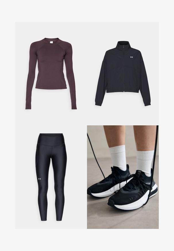 Black zip-up jacket with a high collar, elastic cuffs, and hem. Features a smooth texture and a small white logo on the chest.; Long-sleeve athletic top in dark purple, made of stretchy material. Features a round neckline and subtle ribbed side accents.; Black leggings made of smooth, stretchy material with a high waistband. Features a white logo on the left thigh and fitted design.; Black athletic shoes with textured fabric, white sole, and black laces. Worn with white ribbed socks, standing on a light surface.