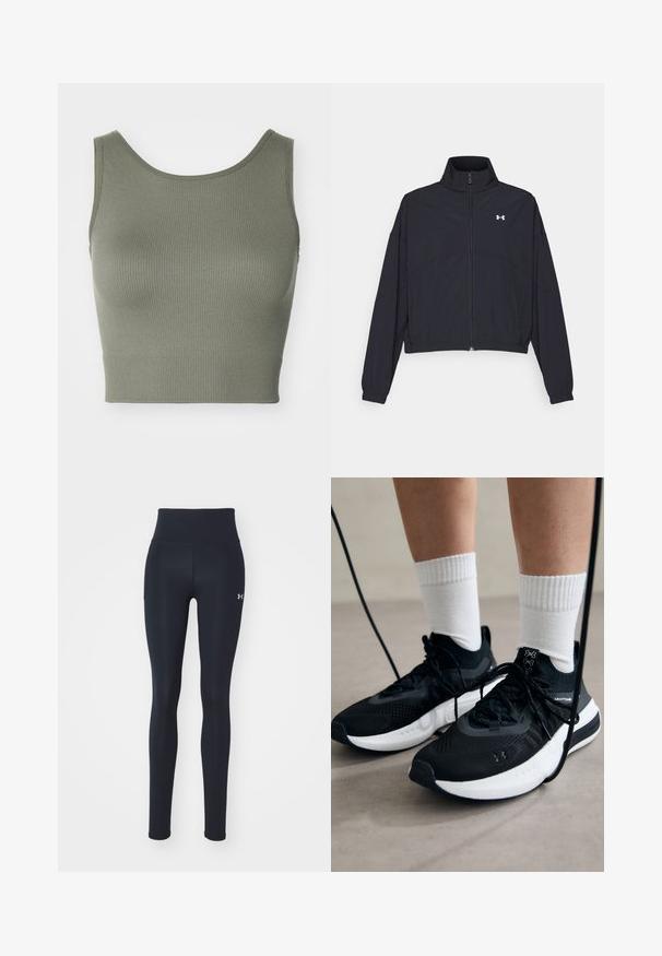 Sort zip-jakke med høj krave, elastiske manchetter og kant. Har en glat tekstur og et lille hvidt logo på brystet.; ONLY Play ONPJAIA LIFE SEAM SHORT - Top - kalamata; Sorte atletiske leggings lavet af strækbart stof, med en høj talje, sidelommer og et lille logo på underbenet.; Sorte sportssko med tekstureret stof, hvid sål og sorte snørebånd. Båret med hvide ribbede sokker, stående på en lys overflade.
