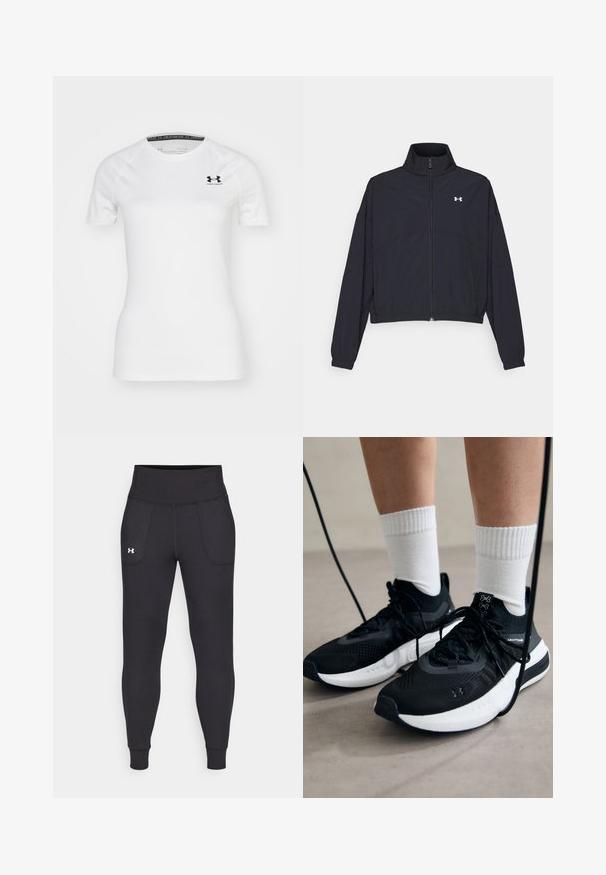 Juodas užtrauktuku užsegamas džemperis su aukštu apykaklės kraštu, elastingomis rankogaliais ir apačia. Pasižymi lygiu tekstūru ir mažuoju baltu logotipu ant krūtinės.; Balta trumpa rankovėmis sportinė marškinėliai, pagaminti iš lygaus audinio, su juodu "Under Armour" logotipu kairėje krūtinės pusėje ir apvaliu iškirpimu.; Juodos sportinės leginsai, pagaminti iš tamprių medžiagų, su aukštu juosmeniu, šoninėmis kišenėmis ir priglundančiomis blauzdų manžetėmis.; Juodi sportiniai batai su tekstūruotu audiniu, balta padu ir juodais raiščiais. Dėvimi su baltais raištiniais kojiniais, stovint lengvame paviršiuje.