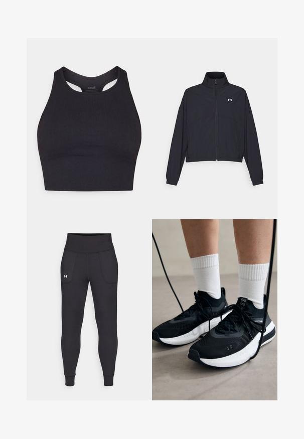 Chaqueta negra con cremallera y cuello alto, con puños y dobladillo elásticos. Presenta una textura suave y un pequeño logo blanco en el pecho.; Top corto atlético negro hecho de material acanalado, con un diseño sin mangas y un escote redondeado con detalles en cortes.; Leggings deportivos negros hechos de material elástico, con una cintura alta, bolsillos laterales y puños ajustados en el tobillo.; Zapatillas deportivas negras con tela texturizada, suela blanca y cordones negros. Llevadas con calcetines blancos de canalé, de pie sobre una superficie clara.