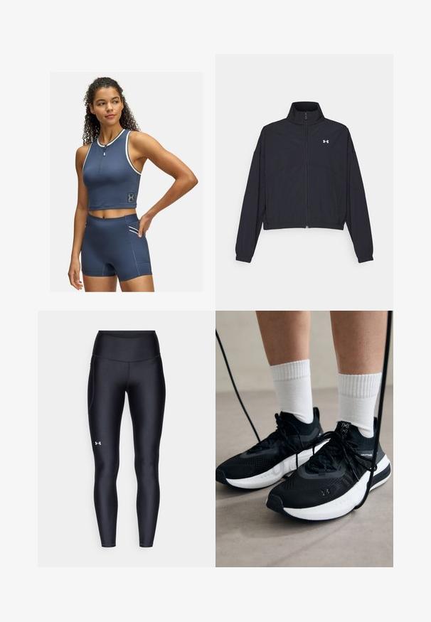 Black zip-up jacket with a high collar, elastic cuffs, and hem. Features a smooth texture and a small white logo on the chest.; Navy blue athletic crop top with a zippered front and white accents; paired with high-waisted shorts featuring a side pocket and matching details.; Black leggings made of smooth, stretchy material with a high waistband. Features a white logo on the left thigh and fitted design.; Black athletic shoes with textured fabric, white sole, and black laces. Worn with white ribbed socks, standing on a light surface.