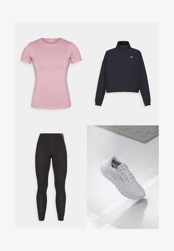 Musta vetoketjullinen takki korkealla kauluksessa, joustavat hihat ja helma. Ominaisuuksiin kuuluu sileä rakenne ja pieni valkoinen logo rinnassa.; Lyhythihainen t-paita pehmeässä vaaleanpunaisessa, tekstuuripintaisessa materiaalissa, joka on istuva muodoltaan. Ominaisuuksiin kuuluu pyöreä kaula-aukko ja tavanomainen helma ilman koristeluja.; Mustat legginssit, jotka on valmistettu joustavasta materiaalista ja joissa on korkea vyötärö. Niissä on valkoiset sivujuovat ja sileä pinta kauttaaltaan.; Vaaleanharmaat urheilukengät, joissa on vaaleanpunaisia yksityiskohtia, verkkopäällinen, pyöristetty kärki, pehmustettu pohja ja nauhakuclosure. Pintamateriaali on sileä ja heijastava.