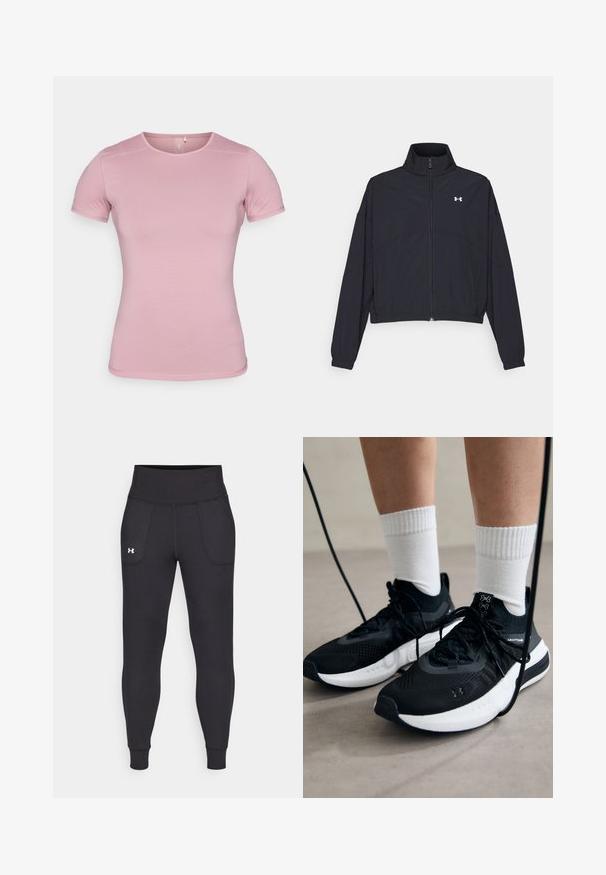 Sort zip-jakke med høj krave, elastiske manchetter og kant. Har en glat tekstur og et lille hvidt logo på brystet.; T-shirt med korte ærmer i blød lyserød farve, tekstureret stof med tætsiddende pasform. Har rund hals og standard kant uden dekorative elementer.; Sorte atletiske leggings lavet af strækbart materiale, med høj talje, sidelommer og tætsiddende manchetter ved anklerne.; Sorte sportssko med tekstureret stof, hvid sål og sorte snørebånd. Båret med hvide ribbede sokker, stående på en lys overflade.