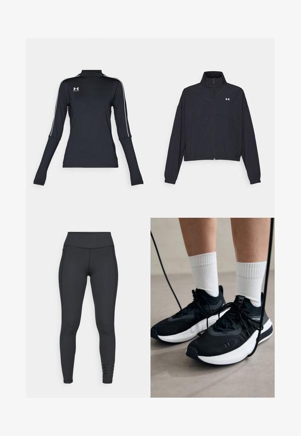 Black zip-up jacket with a high collar, elastic cuffs, and hem. Features a smooth texture and a small white logo on the chest.; Black long-sleeve athletic top with a mock neck, featuring white side stripes and a small logo on the upper left chest. Soft, stretchy fabric.; Black leggings made from stretchy material, featuring a high waistband, sleek design, and striped accent details near the ankle.; Black athletic shoes with textured fabric, white sole, and black laces. Worn with white ribbed socks, standing on a light surface.