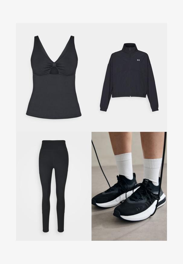 Musta vetoketjullinen takki korkealla kauluksessa, joustavat hihat ja helma. Ominaisuuksiin kuuluu sileä rakenne ja pieni valkoinen logo rinnassa.; Mustat hihattomat paidat syvällä V-pääntiellä, kerätty yksityiskohta keskellä ja avainreiän muotoinen leikkaus alla. Sujuva pinta ja tiukka muotoilu.; Mustat leggingsit, jotka on valmistettu joustavasta kankaasta, sisältäen korkean vyötärön, ribbikuvioidut paneelit sivuilla ja tiukan muotoilun, joka kapenee nilkoissa.; Mustat urheilukengät, joissa on teksturoitua kangasta, valkoiset pohjat ja mustat nauhat. Yhdistetty valkoisten urheilusukkien kanssa, seisten vaalealla pinnalla.