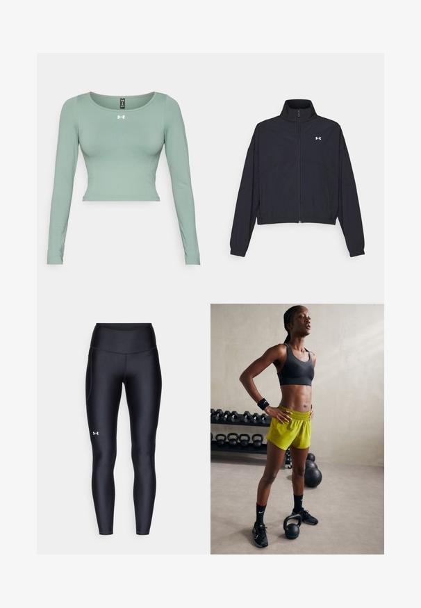 Musta vetoketjullinen takki korkealla kauluksessa, joustavat hihat ja helma. Ominaisuuksiin kuuluu sileä rakenne ja pieni valkoinen logo rinnassa.; Valkoinen pitkähihaisen lyhytpaita vaaleanvihreästä kankaasta. Ominaisuuksia ovat pyöreä pääntie ja hienovarainen logo edessä. Liukas pinta ja istuva muotoilu.; Mustat legginsit, jotka on valmistettu sileästä ja venyvästä materiaalista, korkealla vyötäröllä. Vasemmassa reidessä on valkoinen logo ja istuva muotoilu.; Musta urheiluliivi, kirkkaat keltaiset shortsit, joissa on joustava vyötärö, mustat urheilu-kengät ja rannetuet, seisomassa kettlebellien vieressä.