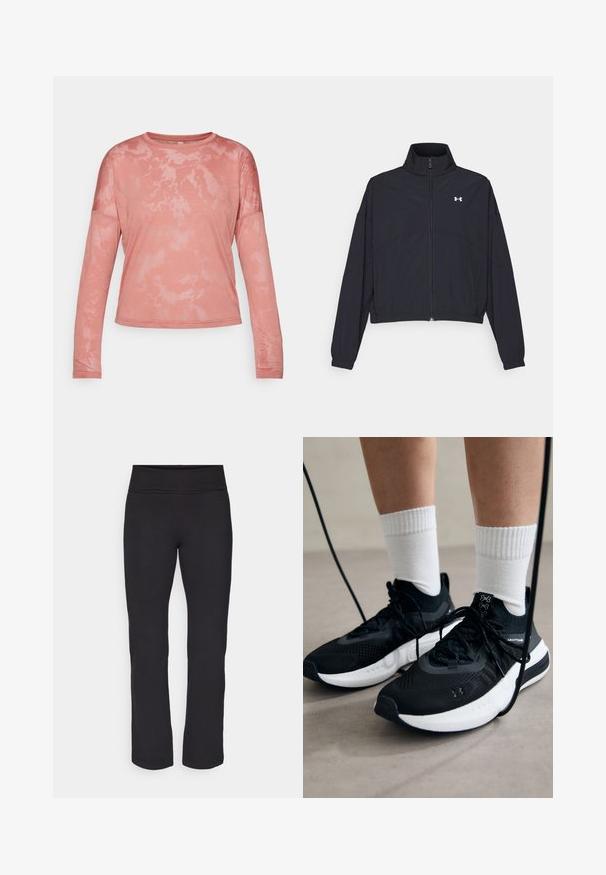 Zwarte zip-up jas met een hoge kraag, elastische manchetten en zoom. Beschikt over een soepele textuur en een klein wit logo op de borst.; Langarm, ronde hals top in licht koraal met een tie-dye patroon. Gemaakt van zachte stof met een relaxte pasvorm en zichtbare naden.; Zwarte leggings van een gladde, rekbare stof met een brede tailleband. Ze hebben rechte, volle lengtes en geen zichtbare patronen of accenten.; Zwarte sportschoenen van gestructureerde stof, met een witte zool en zwarte veters. Draag ze met witte geribde sokken, staand op een lichte ondergrond.