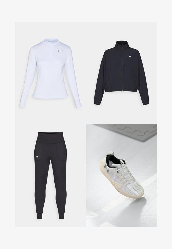Melnā zipa jakā ar augstu apkakli, elastīgām piedurknēm un apakšmalu. Tai ir gluda tekstūra un neliels balts logo uz krūšu daļas.; Gaiši zils garām piedurknēm sporta tops ar pusādas rāvējslēdzēju, ar ribotu tekstūru un melnu Nike logo augšējā kreisajā pusē.; Melnas sporta legingi, kas izgatavoti no stiepjama materiāla, ar augstu jostasvietu, sānu kabatām un pieguļošiem anklets.; Baltas sporta apavu modelis ar teksturētu acu augšdaļu, melnu iekšpusi un bēšu gumijas zoli ar rakstainu saķeri. Akcentēts ar vieglām detaļām.