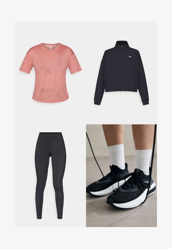 Crna jakna na zatvaranje s visokom ovratnikom, elastičnim manžetama i rubom. Ima glatku teksturu i mali bijeli logo na prsima.; Ružičasta kratkotrajna majica s kratkim rukavima napravljena od mekog materijala. Ima okrugli izrez i opušteni kroj, s naglašenim teksturalnim uzorcima na površini.; Crne tajice od rastezljivog materijala. Visoki pojas, glatka tekstura, s uzorkovanim detaljima na donjem dijelu nogu.; Crne atletske cipele s teksturiranim materijalom, bijelim potplatima i crnim vezicama. Nosene s bijelim rebrastim čarapama, stojeći na svijetloj površini.