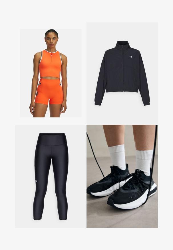Schwarze Jacke mit Reißverschluss und hohem Kragen, elastischen Bündchen und Saum. Sie hat eine glatte Textur und ein kleines weißes Logo auf der Brust.; Helles oranges Sportbekleidungsset bestehend aus einem ärmellosen Zip-Top und hoch taillierten Shorts, akzentuiert mit schwarz-weißen Streifen.; Schwarze Leggings aus glattem, dehnbarem Material. Hoch geschnittenes Design mit enganliegendem Sitz und einem kleinen Logo auf dem linken Bein.; Schwarze Sportschuhe aus strukturiertem Stoff, mit weißer Sohle und schwarzen Schnürsenkeln. Tragen mit weißen gerippten Socken, stehen auf einer hellen Fläche.