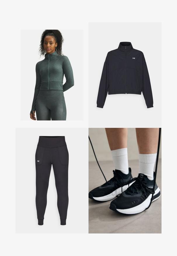 Giacca nera con zip e colletto alto, polsini e orlo elastici. Presenta una texture liscia e un piccolo logo bianco sul petto.; Donna con capelli ricci che indossa una giacca sportiva verde scuro con zip e leggings abbinati, in piedi con un braccio dietro la schiena su uno sfondo bianco.; Leggings atletici neri realizzati in materiale elastico, con un alto giro vita, tasche laterali e polsini aderenti alla caviglia.; Scarpe sportive nere con tessuto testurizzato, suola bianca e lacci neri. Indossate con calzini bianchi a costine, in piedi su una superficie chiara.