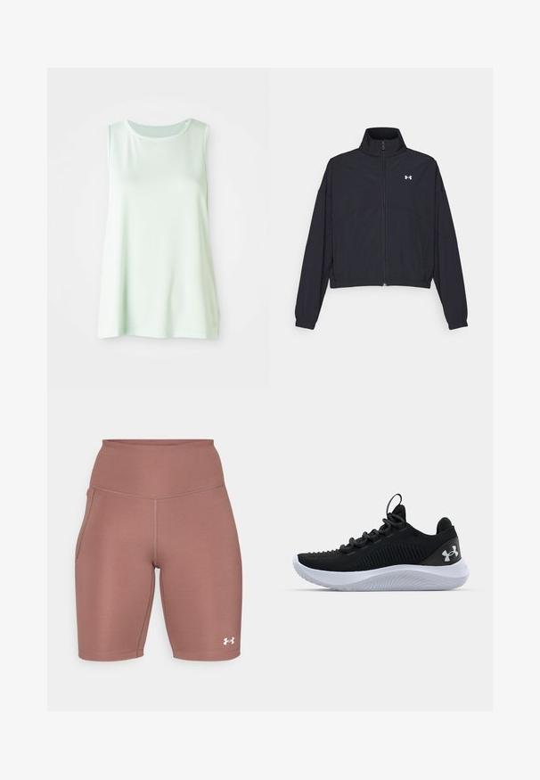 Schwarze Jacke mit Reißverschluss und hohem Kragen, elastischen Bündchen und Saum. Sie hat eine glatte Textur und ein kleines weißes Logo auf der Brust.; Hellgrünes, ärmelloses Top aus atmungsaktivem Netzgewebe, mit Rundhalsausschnitt und lockerer Passform für Komfort und Bewegungsfreiheit.; Hoch geschnittene sportliche Shorts in gedecktem Rosaton. Hergestellt aus glattem, dehnbarem Stoff mit einer Seitentasche und einer weißen Logo-Akzentuierung am Saum.; Schwarze Sportschuhe mit einem atmungsaktiven Mesh-Obermaterial, strukturierten Details und einer weißen Gummisohle. Ausgestattet mit flachen Schnürsenkeln und einer Zuglasche an der Ferse.