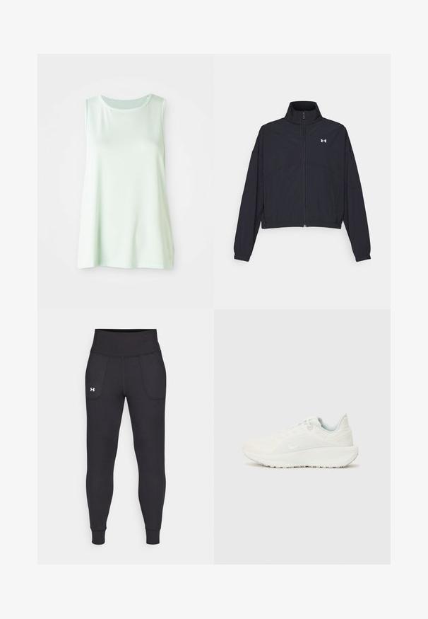 Black zip-up jacket with a high collar, elastic cuffs, and hem. Features a smooth texture and a small white logo on the chest.; Light green sleeveless top made of breathable mesh fabric, featuring a round neckline and loose fit for comfort and movement.; Black athletic leggings made from stretchy material, featuring a high waistband, side pockets, and fitted cuffs at the ankle.; White athletic shoes with a textured upper, padded collar, and lace closure. Features a curved outsole and subtle branding on the side.