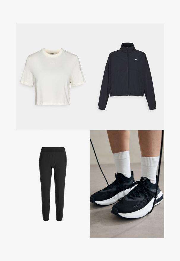 Black zip-up jacket with a high collar, elastic cuffs, and hem. Features a smooth texture and a small white logo on the chest.; Cropped white t-shirt made of cotton with a smooth texture, featuring a round neck and short sleeves. "BORG" logo in subtle embroidery.; Black tapered pants with an elastic waistband, featuring a smooth texture and minimalist design. Lightweight material for comfort.; Black athletic shoes with textured fabric, white sole, and black laces. Worn with white ribbed socks, standing on a light surface.