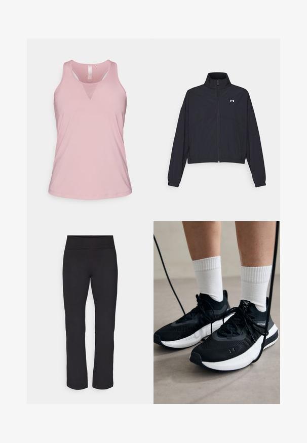 Schwarze Jacke mit Reißverschluss und hohem Kragen, elastischen Bündchen und Saum. Sie hat eine glatte Textur und ein kleines weißes Logo auf der Brust.; Hellrosa Sporttop aus glattem, atmungsaktivem Material. Verfügt über einen runden Ausschnitt, einen offenen Rücken und ein dreieckiges Netzdetail auf der Vorderseite.; Schwarze Leggings aus einem glatten, dehnbaren Stoff und mit einem breiten Bund. Sie haben gerade, glatte Beine in voller Länge und keine sichtbaren Muster oder Akzente.; Schwarze Sportschuhe aus strukturiertem Stoff, mit weißer Sohle und schwarzen Schnürsenkeln. Tragen mit weißen gerippten Socken, stehen auf einer hellen Fläche.