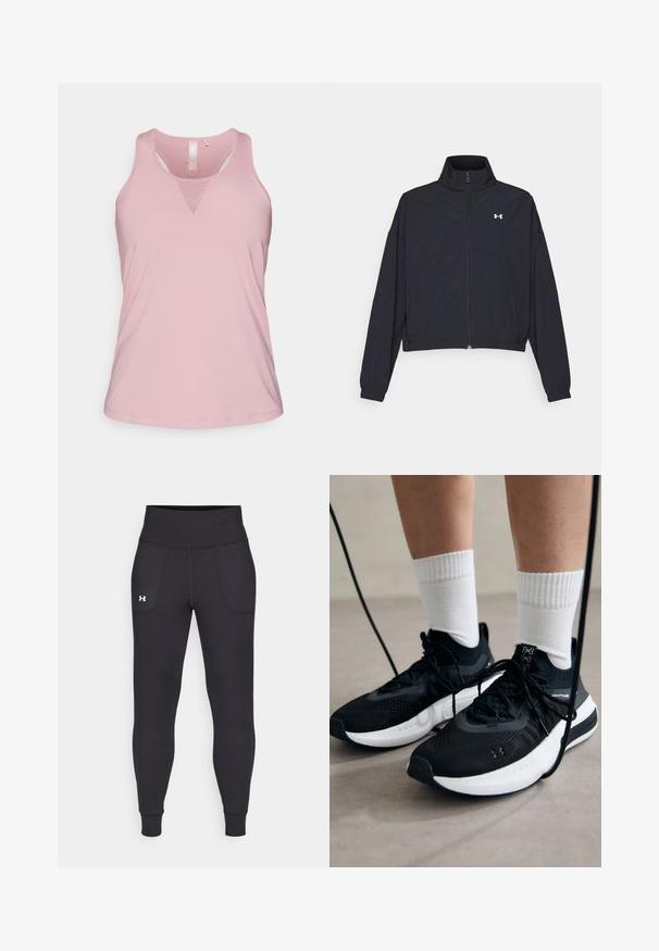 Giacca nera con zip e colletto alto, polsini e orlo elastici. Presenta una texture liscia e un piccolo logo bianco sul petto.; Top sportivo rosa chiaro in tessuto morbido e traspirante. Presenta un collo rotondo, schiena aperta e un dettaglio in rete triangolare sul davanti.; Leggings atletici neri realizzati in materiale elastico, con un alto giro vita, tasche laterali e polsini aderenti alla caviglia.; Scarpe sportive nere con tessuto testurizzato, suola bianca e lacci neri. Indossate con calzini bianchi a costine, in piedi su una superficie chiara.