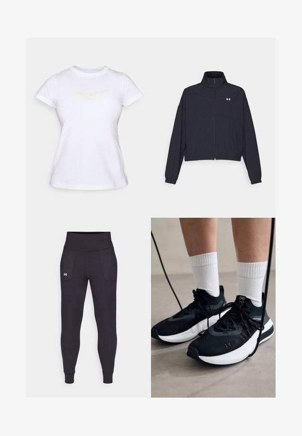 Melnā zipa jakā ar augstu apkakli, elastīgām piedurknēm un apakšmalu. Tai ir gluda tekstūra un neliels balts logo uz krūšu daļas.; Baltas kokvilnas T-krekls ar īsām piedurknēm un noapaļotu kakla izgriezumu; uz krūtīm ir neuzkrītošs gaišas krāsas logotips.; Melnas sporta legingi, kas izgatavoti no stiepjama materiāla, ar augstu jostasvietu, sānu kabatām un pieguļošiem anklets.; Melni sporta apavi ar strukturētu audumu, balta zole un melni šņores. Valkāti ar baltām ribotām zeķēm, stāvot uz gaišas virsmas.