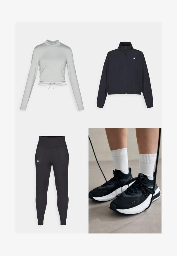 Schwarze Jacke mit Reißverschluss und hohem Kragen, elastischen Bündchen und Saum. Sie hat eine glatte Textur und ein kleines weißes Logo auf der Brust.; Helles graues langärmliges Cropped-Top mit einem Stehkragen. Hergestellt aus einem glatten, dehnbaren Stoff und mit einem Kordelzug am Saum.; Schwarze Sportleggings aus dehnbarem Material, mit hohem Taillenbund, seitlichen Taschen und schmalen Bündchen am Knöchel.; Schwarze Sportschuhe aus strukturiertem Stoff, mit weißer Sohle und schwarzen Schnürsenkeln. Tragen mit weißen gerippten Socken, stehen auf einer hellen Fläche.