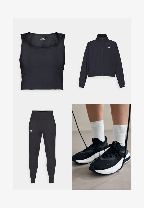 Giacca nera con zip e colletto alto, polsini e orlo elastici. Presenta una texture liscia e un piccolo logo bianco sul petto.; Top corto sportivo nero, realizzato in tessuto liscio, presenta un collo rotondo, un design senza maniche e dettagli di cucitura sottili.; Leggings atletici neri realizzati in materiale elastico, con un alto giro vita, tasche laterali e polsini aderenti alla caviglia.; Scarpe sportive nere con tessuto testurizzato, suola bianca e lacci neri. Indossate con calzini bianchi a costine, in piedi su una superficie chiara.