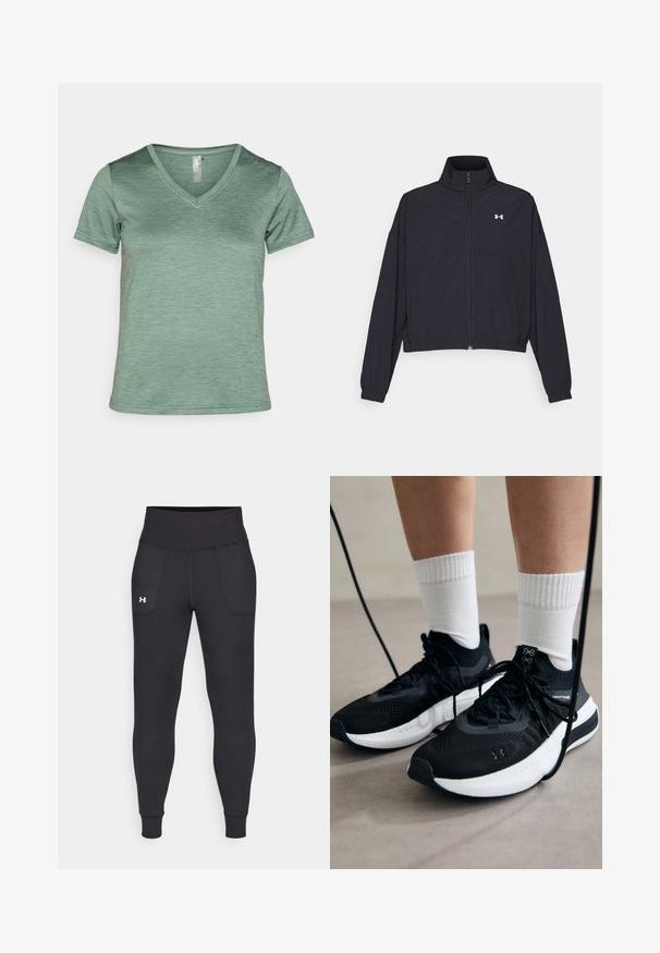 Black zip-up jacket with a high collar, elastic cuffs, and hem. Features a smooth texture and a small white logo on the chest.; V-neck short-sleeve t-shirt in light green, made of a textured, lightweight fabric with a subtle heather pattern and stitched hems.; Black athletic leggings made from stretchy material, featuring a high waistband, side pockets, and fitted cuffs at the ankle.; Black athletic shoes with textured fabric, white sole, and black laces. Worn with white ribbed socks, standing on a light surface.