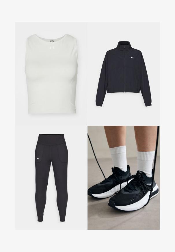 Must Musta tõmblukuga jakk, millel on kõrge krae, elastsed mansetid ja alläär. Omab sujuvat tekstuuri ja rinnal väikest valget logo.; Valge lühikeste varrukatega sportliku lõikega pehme ja veniva kangaga topp, millel on ümmargune kaelus; esipoolt kaunistab väike logo.; Mustad must-harjutuslegid, mis on valmistatud elastse materjali jaoks, kõrge vöökoha, küljetaskute ja tihedalt istuvate pahkluude vahega.; Mustad mustad jalanõud tekstuuritud kangast, valge tallaga ja mustade paeltega. Kanna valgete soonikkudega sokkide sisse, seistes helesinisel pinnal.