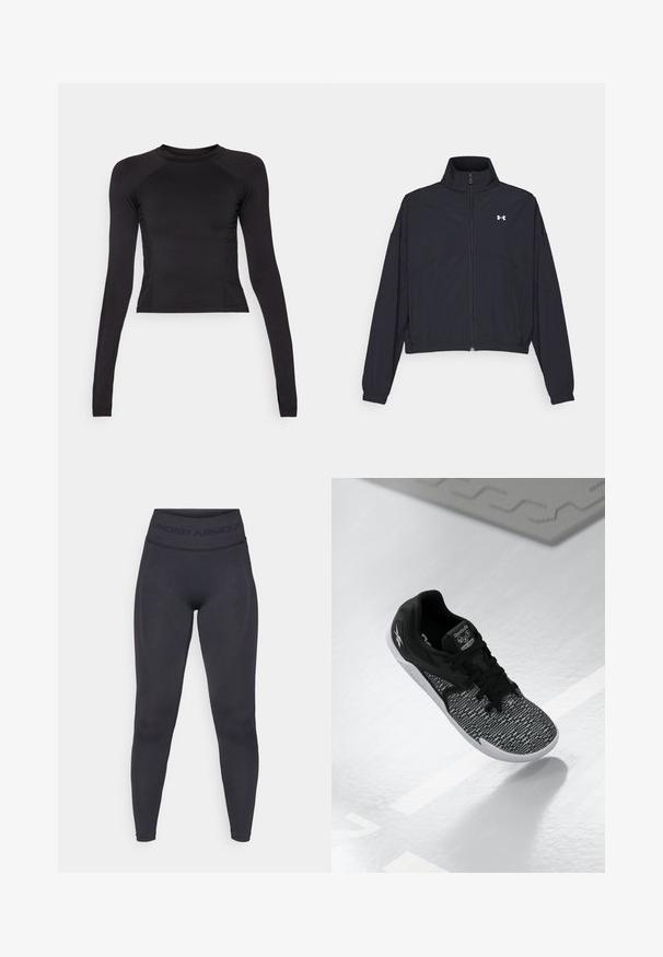Black zip-up jacket with a high collar, elastic cuffs, and hem. Features a smooth texture and a small white logo on the chest.; Black long-sleeve crop top made of stretchy fabric, featuring a round neckline and raglan sleeves with subtle seam detailing.; Black leggings with a high elastic waistband featuring "UNDER ARMOUR" text. Smooth texture with subtle pattern accents along the legs.; Black athletic shoe with a textured, patterned mesh upper, black laces, and a white sole. Features Reebok branding on the tongue and side.