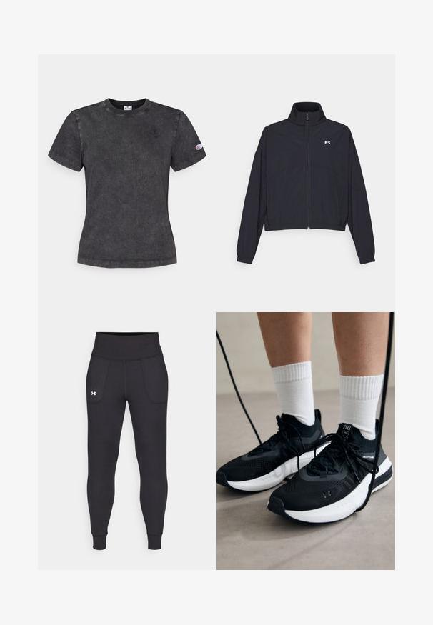 Black zip-up jacket with a high collar, elastic cuffs, and hem. Features a smooth texture and a small white logo on the chest.; Black cotton short-sleeve t-shirt with a crew neck, featuring a small logo on the chest and additional logo on the sleeve, textured finish.; Black athletic leggings made from stretchy material, featuring a high waistband, side pockets, and fitted cuffs at the ankle.; Black athletic shoes with textured fabric, white sole, and black laces. Worn with white ribbed socks, standing on a light surface.