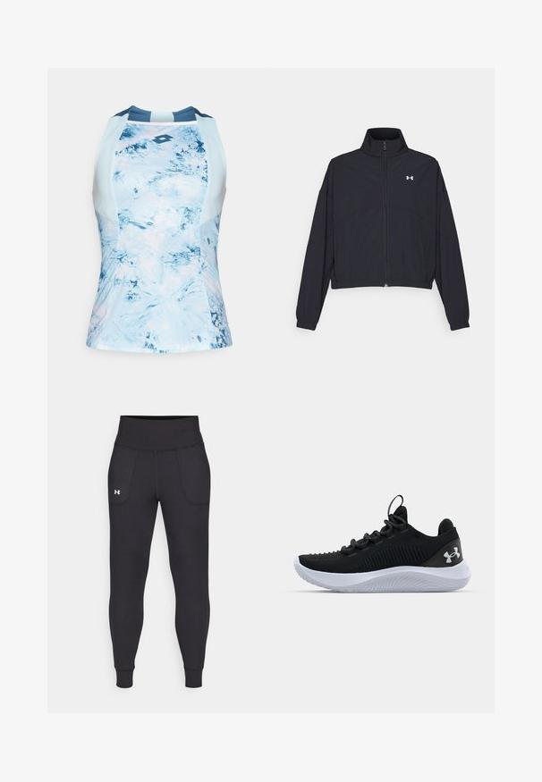 Giacca nera con zip e colletto alto, polsini e orlo elastici. Presenta una texture liscia e un piccolo logo bianco sul petto.; Top atletico senza maniche di colore azzurro chiaro con un motivo astratto e strutturato. Presenta un colletto a giro e un logo al centro.; Leggings atletici neri realizzati in materiale elastico, con un alto giro vita, tasche laterali e polsini aderenti alla caviglia.; Scarpe sportive nere con una tomaia in mesh traspirante, dettagli testurizzati e una suola in gomma bianca. Presentano lacci piatti e un passante sul tallone.
